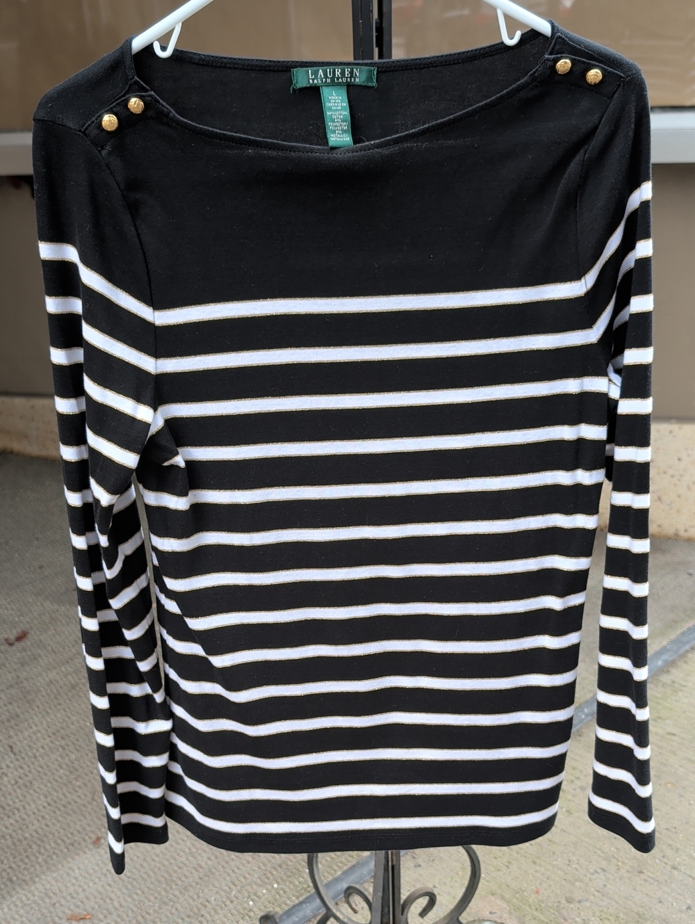 Lauren Ralph Lauren Black and White Striped Long-Sleeve Top with Gold Buttons